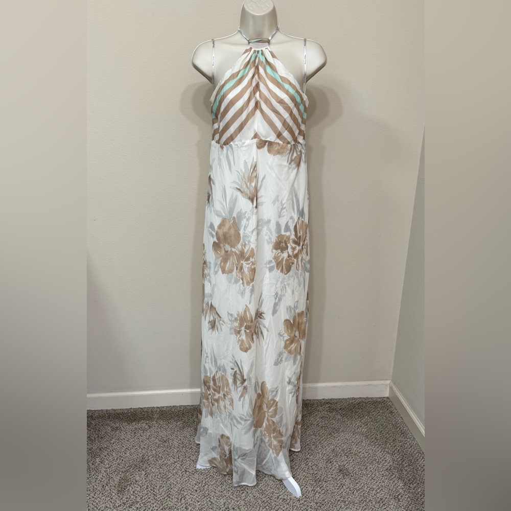 Tommy Bahama Women’s Coffee Floral Print Halter Neck Elegant Summer Maxi Dress L